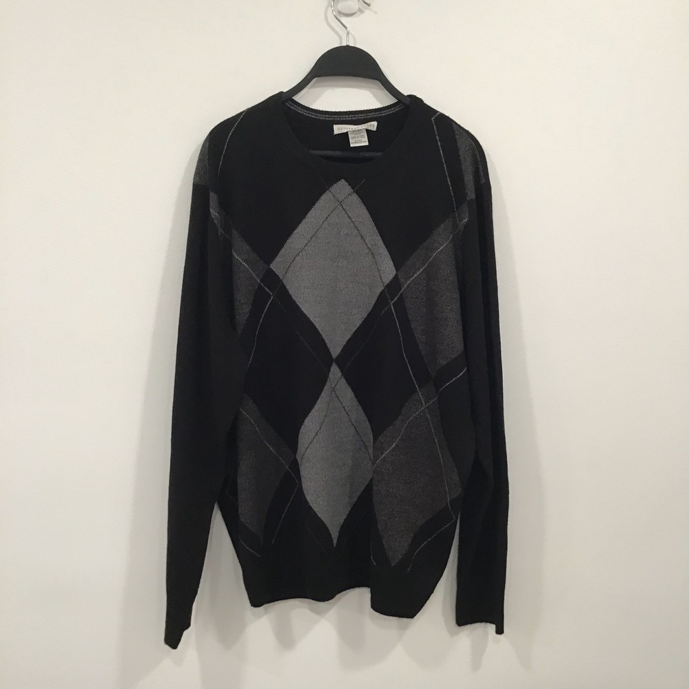 Geoffrey Beene Sweater Mens XL Black Gray Argyle Crew Neck Knit Office Wear - Picture 2 of 8